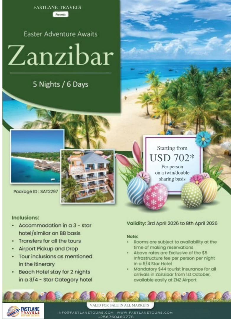 Turn your Easter break into an island story.
Zanzibar awaits, limited slots available.
For inquiries, call +256760460778
Or email us on info@fastlanetours.com
