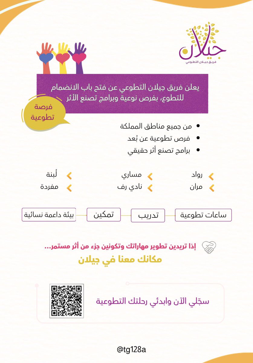 tg128a's tweet photo. يعلن فريق جيلان التطوعي عن فتح باب الانضمام للتطوع من جميع مناطق المملكة فرص تطوعية عن بُعد 🎯 برامج نوعية تصنع الأثر

💎 ساعات تطوعية • تدريب • تمكين • بيئة نسائية داعمة
📌 سـجّلي الآن وابدئي رحلتك التطوعية #فريق_جيلان #تطوع_عن_بعد

https://t.co/6nxGpSB8pZ https://t.co/rof1bMU5hn