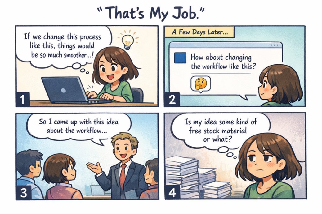 marathonlearner's tweet photo. Ever had this happen at work?

#働く人あるある
#OfficeLife
#IdeaTheft
#4koma
#しごと漫画
#Career https://t.co/TchZWsS6Rr