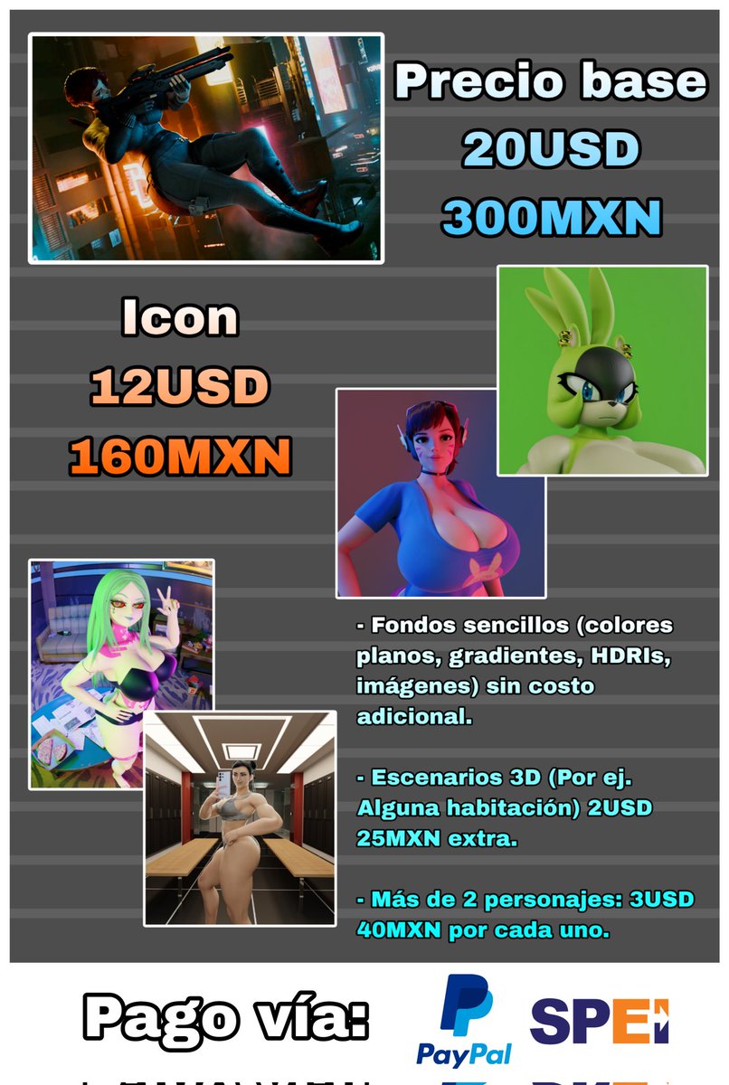 Comisiones abiertas 🥶
El precio en MXN solo aplica si es por transferencia bancaria, me facilita mucho más manejar el dinero.

Mientras sea un modelo que esté en smutbase, Open3Dlab, SFMlab o proporcionado por ustedes, puedo trabajar con eso.

Cualquier duda por DM.