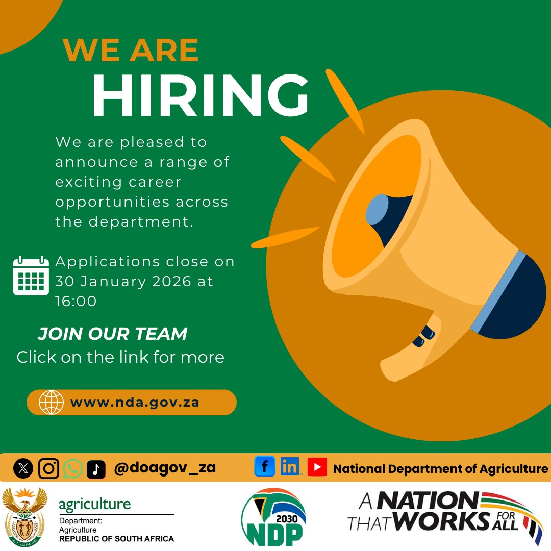 Vacancies | We’re Hiring📣📣
Ready to grow your career and make a real impact?

<a href="/DOAgov_ZA/">National Department of Agriculture</a> is opening doors to exciting opportunities across the department.

🗓 Applications close: 30 January 2026 at 16:00

👉 Apply now: 🔗nda.gov.za/images/Vacanci…

Be part of a team that works for