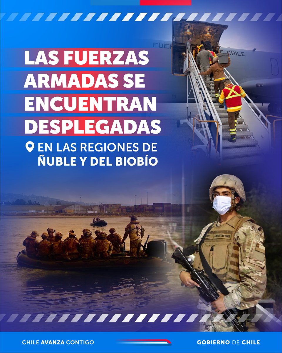 mindefchile's tweet image. Las FF.AA. se encuentran desplegadas en las regiones de Ñuble y del Biobío, colaborando en la evacuación y traslado de personas, brindando seguridad durante el toque de queda y apoyando el traslado de brigadistas en el marco de la emergencia por los incendios forestales.