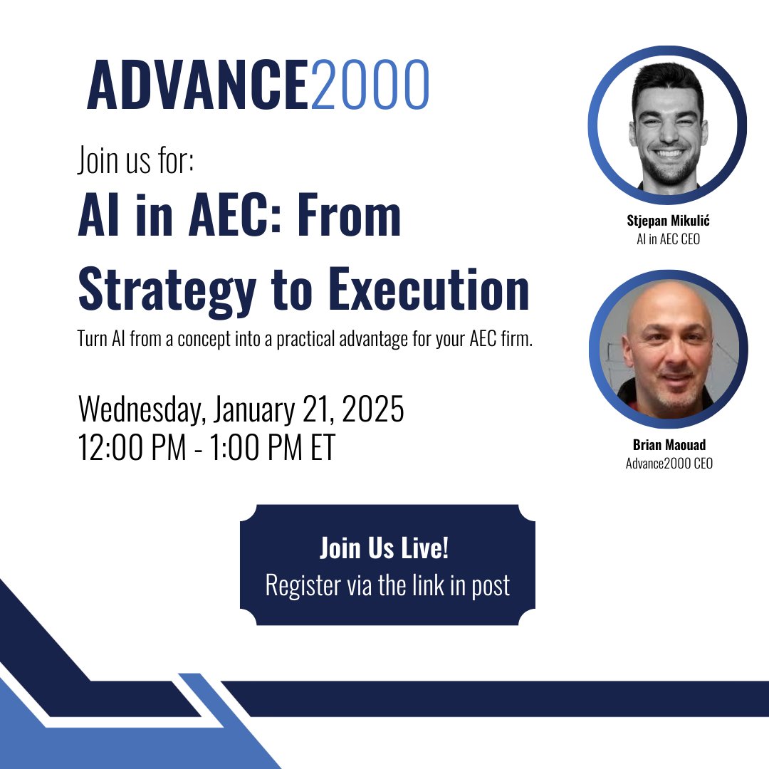 Advance2000's tweet photo. AI is moving fast in the AEC industry, but success depends on execution.

In “AI in AEC: From Strategy to Execution,” Advance2000 brings together technology strategy, real-life AI use cases and an executive perspective. Learn how an AI in AEC Audit helps firms identify what makes sense today and how to build a smarter AI roadmap for the future.

Register today: https://t.co/HMQBilOlhl

#Advance2000 #AECIndustry #ArtificialIntelligence #AECInnovation #CloudComputing #PrivateCloud #TechLeadership #AIWebinar
