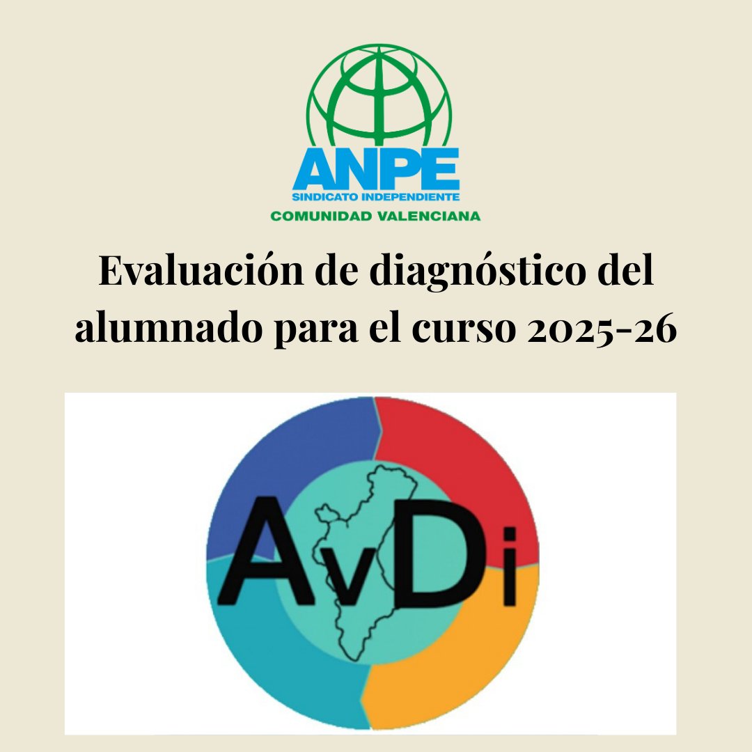 Publicada la Resolución que regula la evaluación de diagnóstico del presente curso en 4º de Primaria y en 2º de ESO. Se llevará a cabo entre el 4 y el 22 de mayo de 2026.

🔗 Detalles: anpecomunidadvalenciana.es/notices/200139

_ANPE #DocentesComoTú #SindicatoIndependiente #SóloDeEnseñanzaPública_