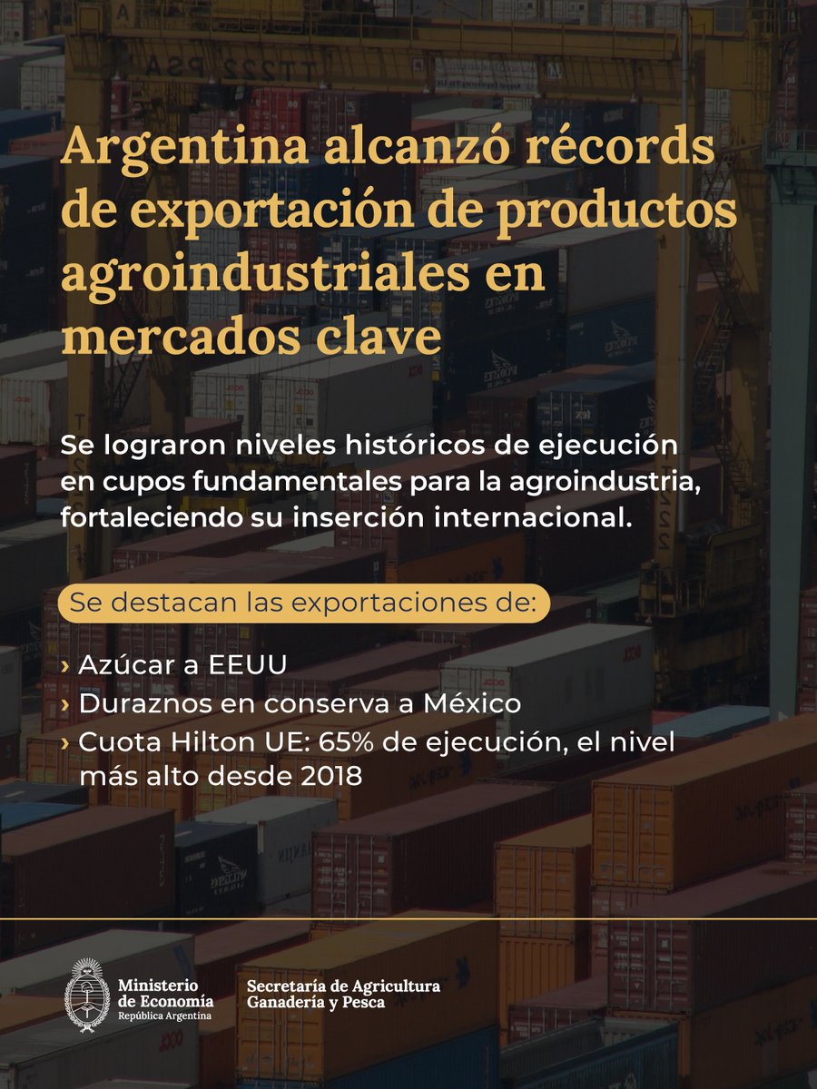 Argentina logró en 2025 un alto grado de cumplimiento de las cuotas de exportación agroindustriales, con récords de ejecución y mayor presencia en mercados internacionales claves.

Más información 👇
argentina.gob.ar/noticias/argen…
