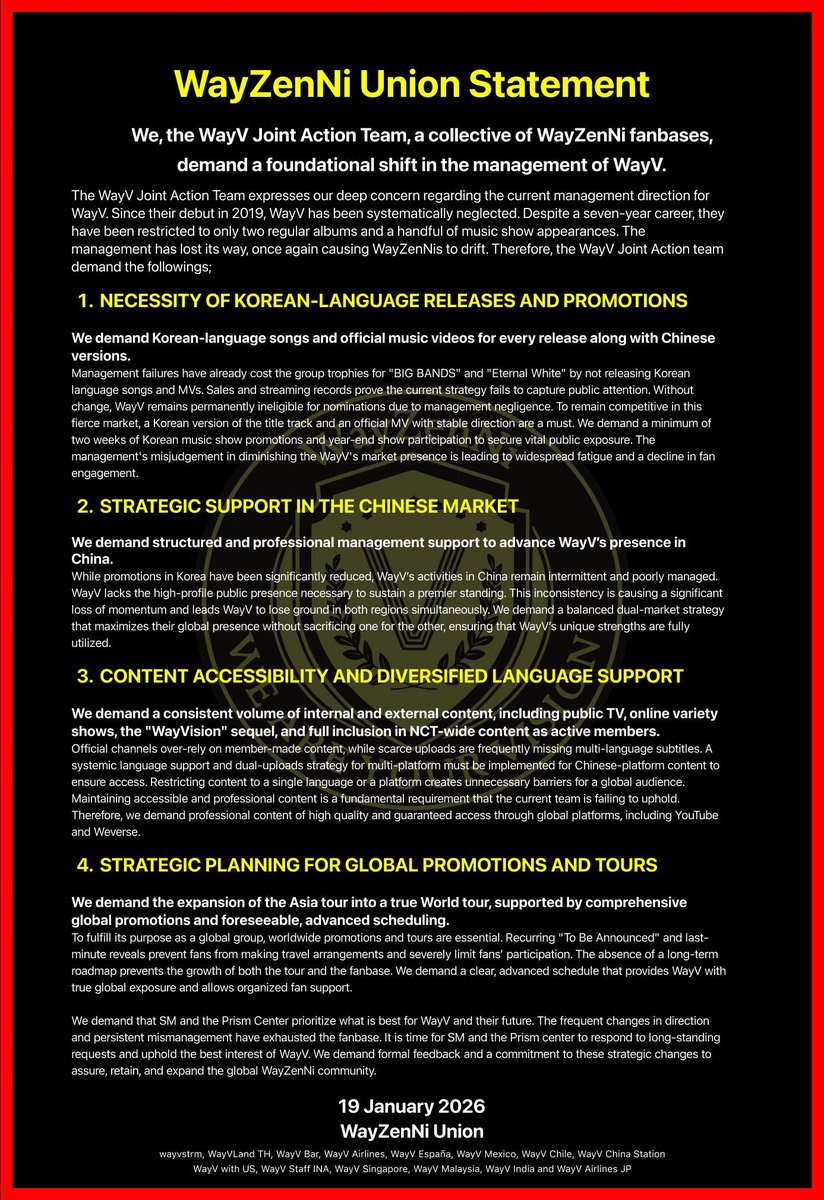 WayV_IND's tweet image. We, the WayZenNi Union, demands that SM and Prism Center prioritize WayV’s best interests and future.

@SMTOWNGLOBAL
@WayV_official
@NCTsmtown

#SMTreatWayVBetter
#에스엠WayV활동보장해 
#请合理规划艺人发展