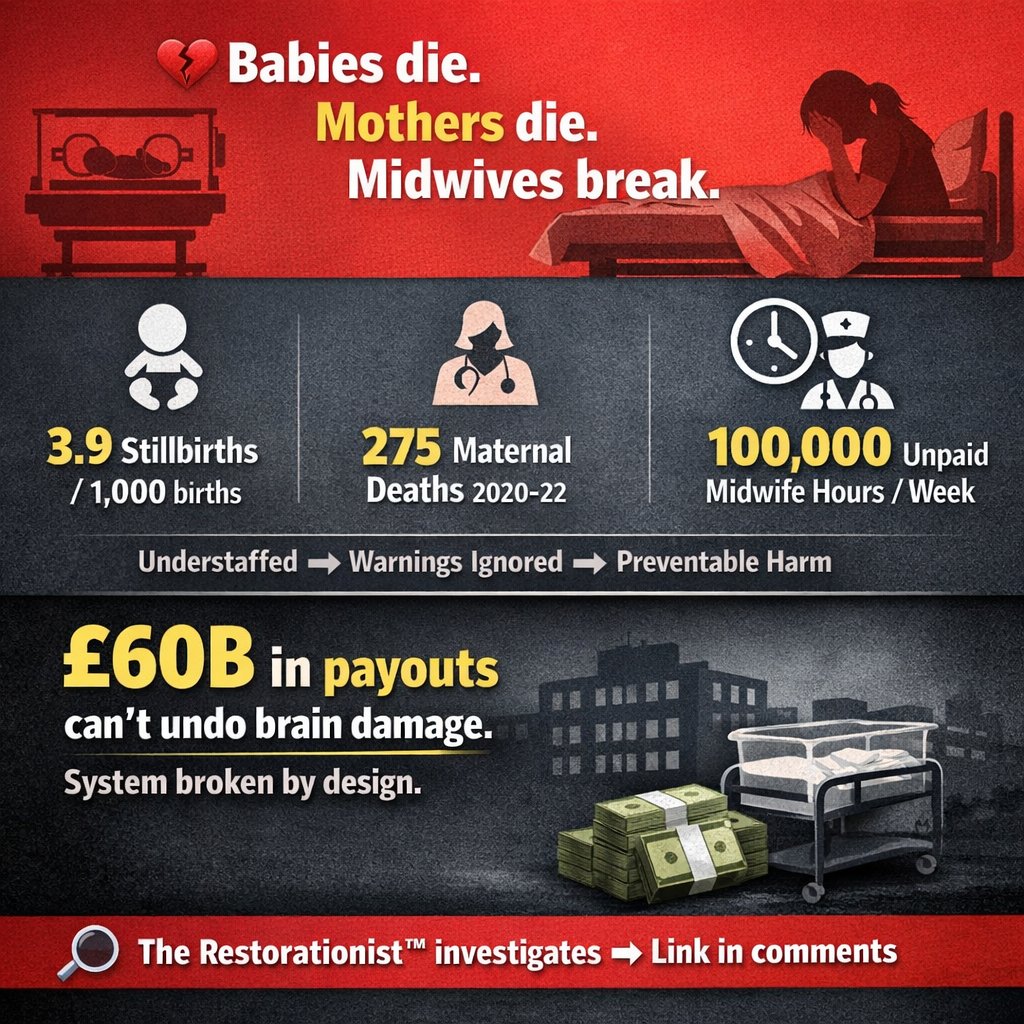 BrightSisters's tweet photo. 🚨Babies dying. Mothers dying. Midwives exhausted. Warnings ignored. £60B in payouts can’t undo brain damage at birth. England’s maternity system is failing -and no one in power is fixing it.

The Restorationist™ investigates- link in comments. https://t.co/YvOwsUbbcl