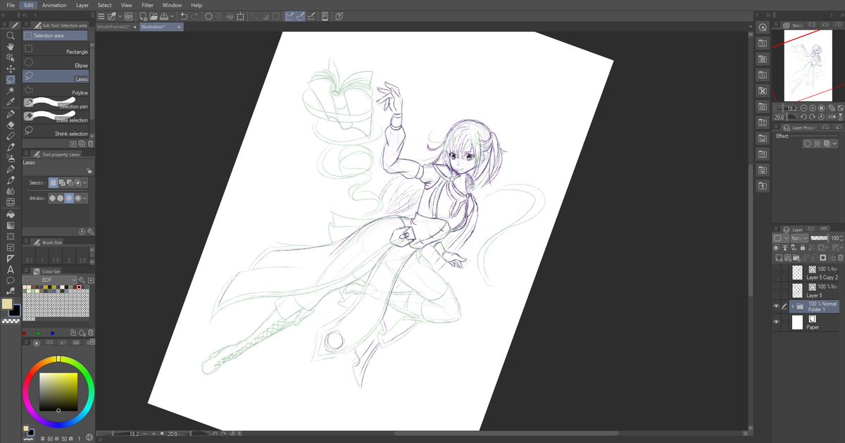 Lambriini's tweet image. Let's try one of these outfits on for size with a full colour concept. 😁
Can you tell I looked at Asuna's hair from Sword Art online? Lol
#conceptart #initialsketch #wip #characterdesign