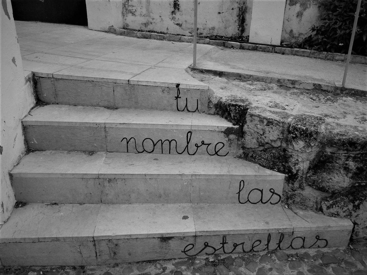 KatySnchez's tweet photo. Escalera rústica de piedra con las palabras "tu nombre las estrellas" pintadas en los escalones.#escalera #Blackandwhite #fotografia #blancoynegro #hacerfotos #blackandwhitephotography #piedra #rustico https://t.co/PmOc0v6jdN