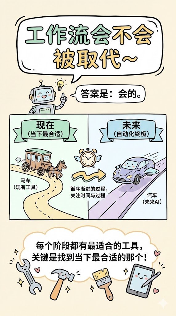 Linbintalk's tweet image. 很多小伙伴应该都有这个疑问：工作流会不会被取代？

答案是：会的。随着AI模型能力的提升，理论上所有自动化工具都可能被取代。但是千万不要忽略时间，只关注最后的结果，而不在意过程。技术发展是一个循序渐进的过程，就像我们不会因为知道以后有汽车，现在就不用马车了对吧。…