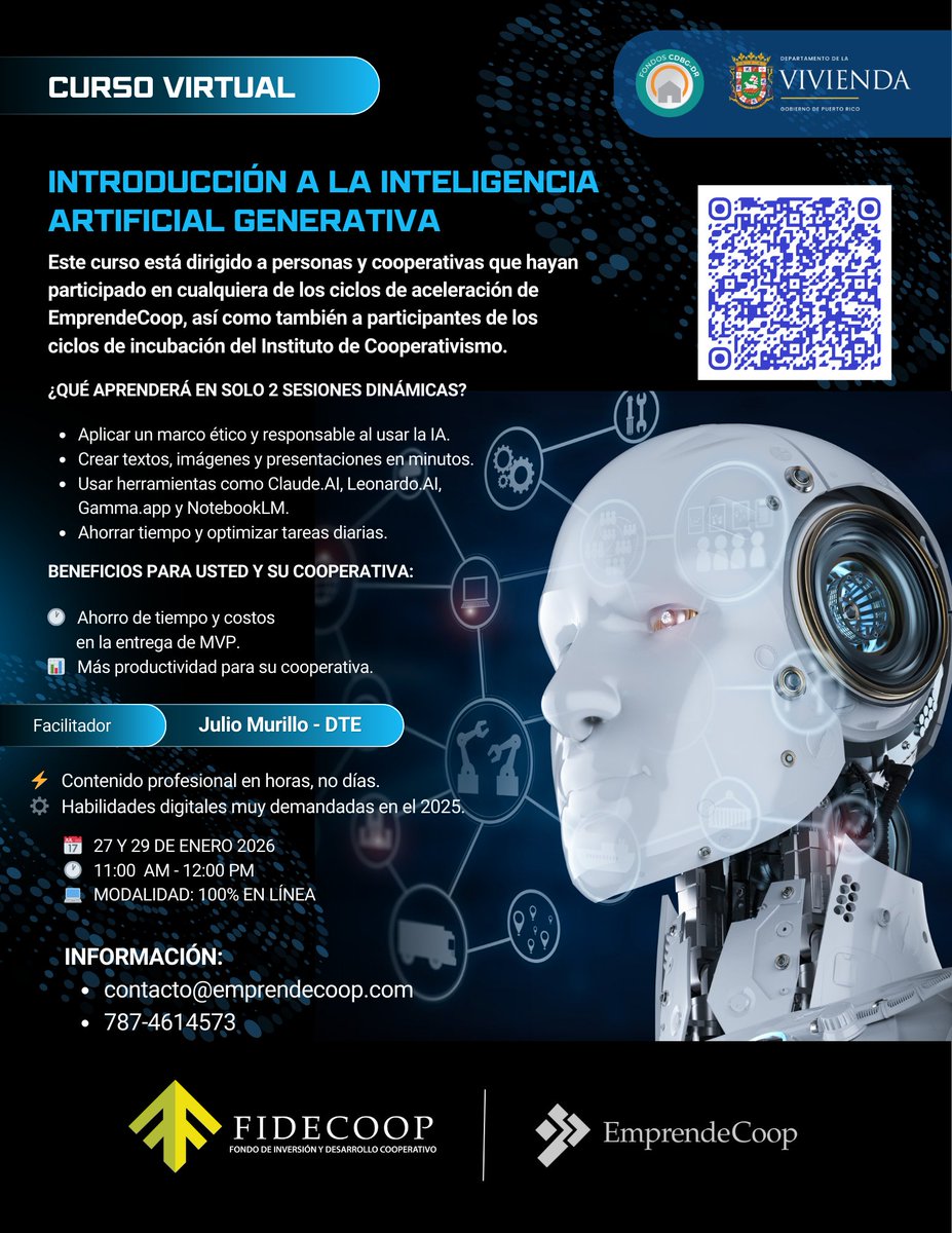 🤖 Transforma tu cooperativa con IA. Aprende Claude.AI, Leonardo.AI y Gamma.app en 2 sesiones.
📅 27 y 29 enero | 🕐 11AM-12PM
✅ Crea contenido
✅ Aumenta productividad
📧 contacto@emprendecoop.com
📱 787-461-4573
#QueremosinformarteCDBGDR