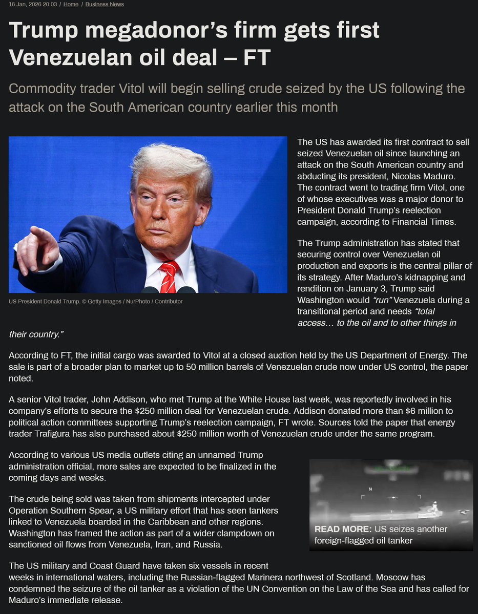 ConTorrents's tweet image. Trump megadonor’s firm gets first Venezuelan oil deal – FT
#imperialism #DictatorTrump