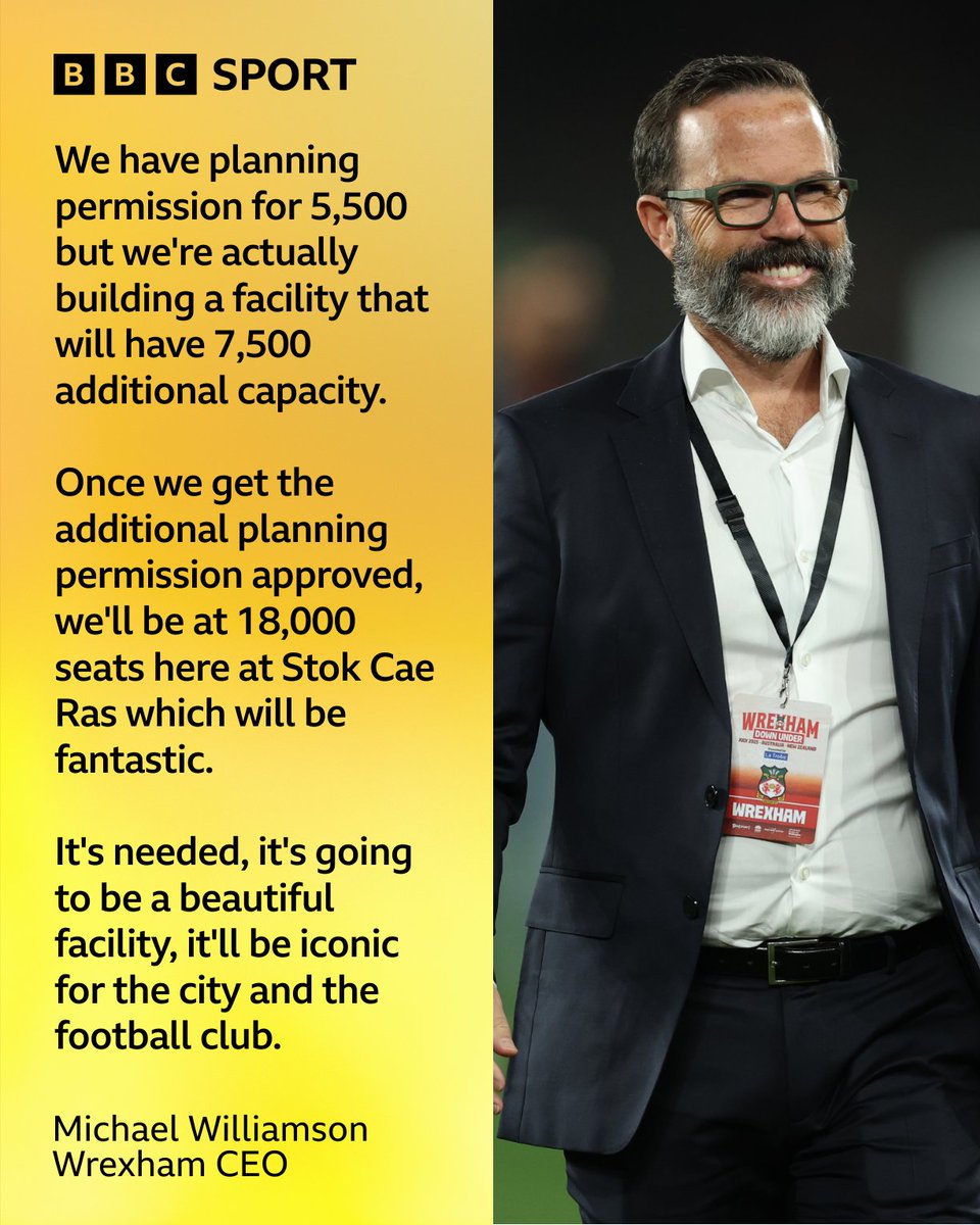BBCSportWales's tweet image. CEO Michael Williamson believes the redevelopment of the iconic Kop Stand at Wrexham's Stok Cae Ras home will be "iconic" for the club and the local area 🏟️

#BBCFootball