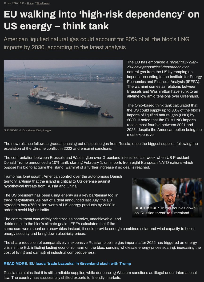 ConTorrents's tweet image. EU walking into ‘high-risk dependency’ on US energy – think tank
#imperialism