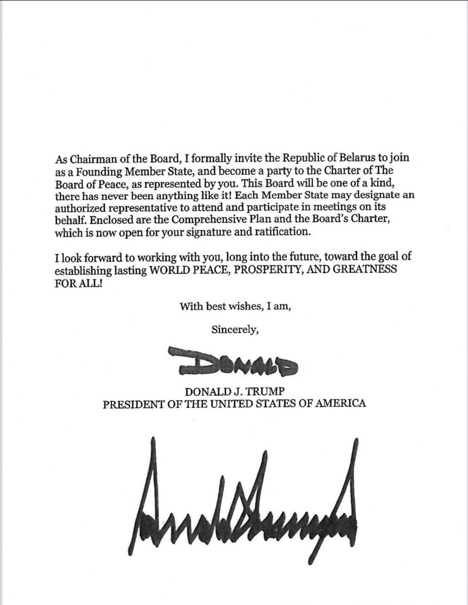 Ostanniy_Cap's tweet image. МЗС білорусі каже, що Трамп запросив лукашенка до "Ради Миру"

Раніше в кремлі заявили, що Трамп також запросив рф.

"Як Голова Ради, я офіційно запрошую Республіку Білорусь приєднатися як державу-засновницю та стати стороною Статуту Ради Миру"