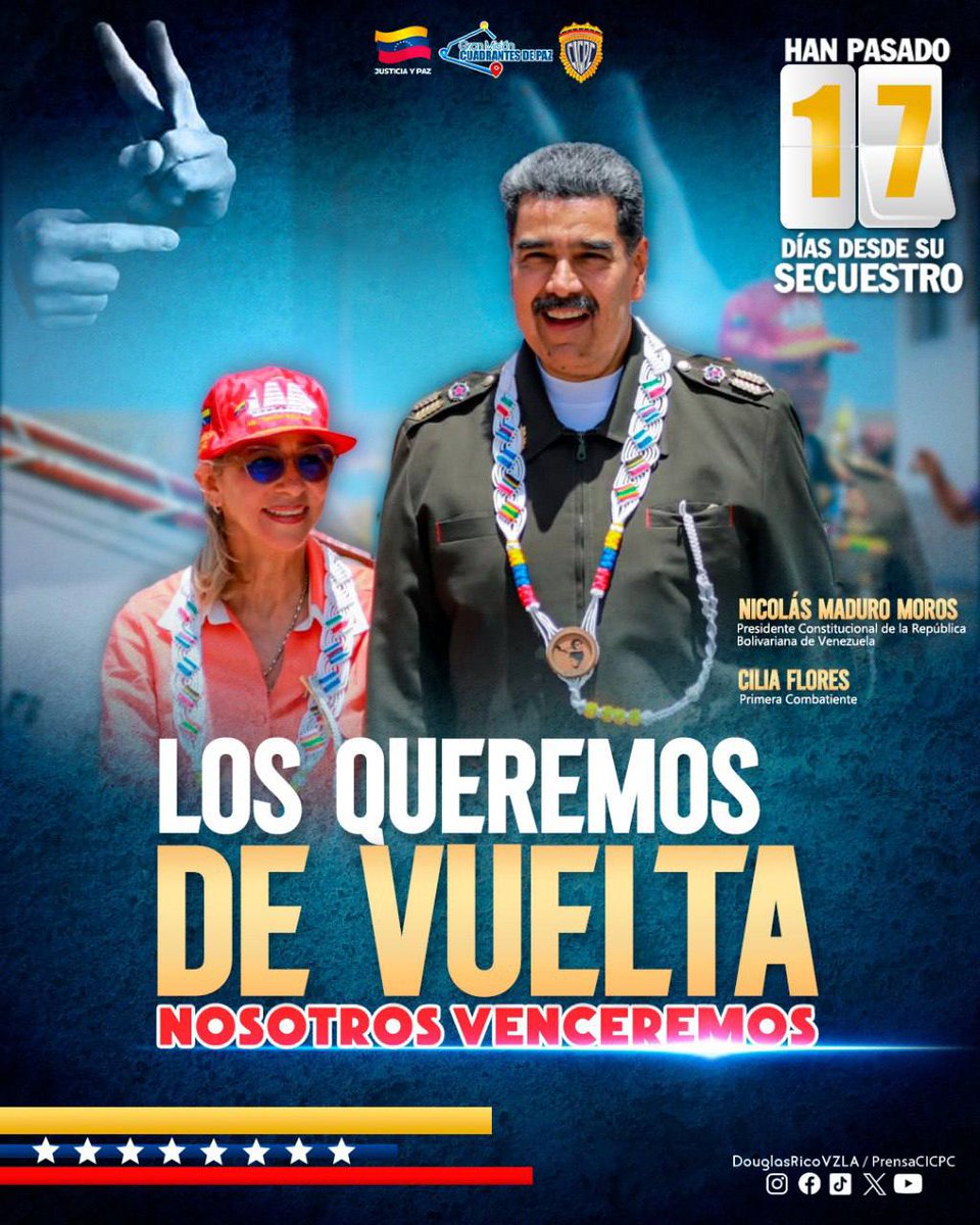Hoy alzamos nuestra voz en solidaridad a nuestro presidente constitucional, Nicolás Maduro Moros y la primera combatiente, Cilia Flores, exigimos su liberación inmediata y el respeto absoluto a su integridad. Un pueblo unido no olvida a sus hijos.