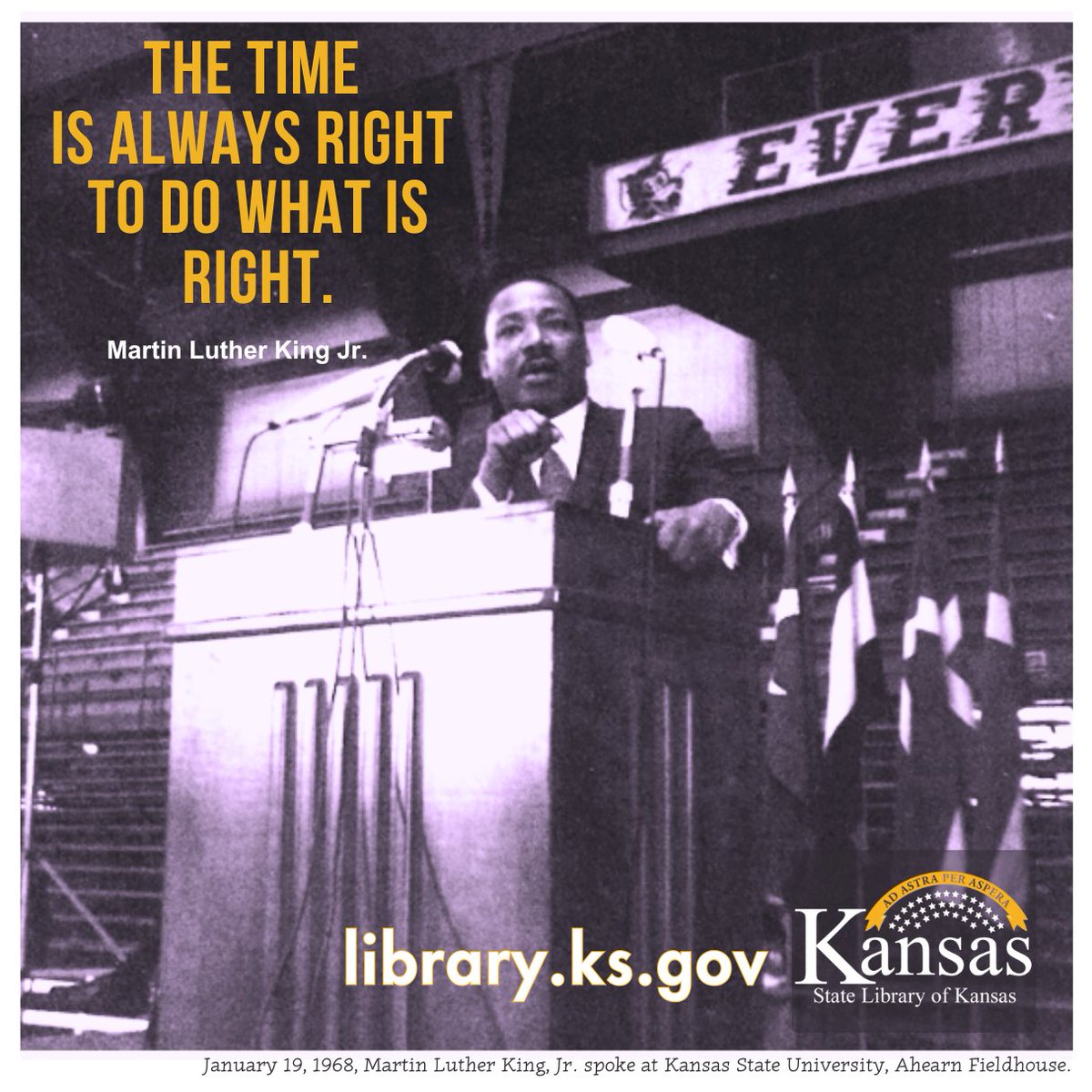 LibraryofKS's tweet photo. January 19, 1968, Dr. Martin Luther King Jr. was in Kansas. He spoke in K-State, his final university speech before he was murdered. "The time is always right to do what is right." Know your history. https://t.co/2hCdu1LMyc . Photo: Kansas Memory. #MLK https://t.co/iud1jK9l1d