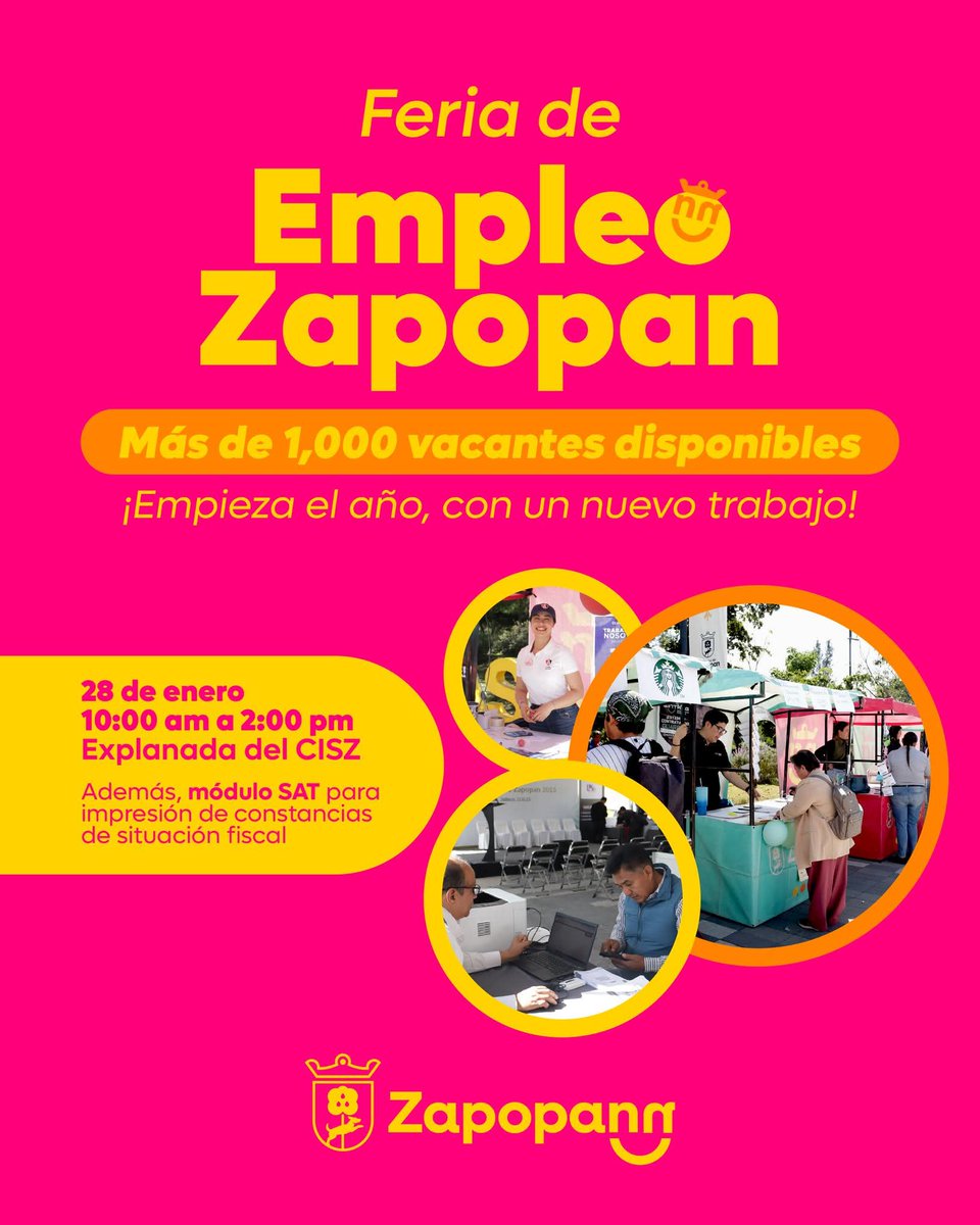 DesarrolloZap's tweet photo. ¡Empieza el año con un nuevo #Trabajo! 🤩
Más de 1,000 vacantes disponibles y un módulo del #SAT. 
📅28 de enero
⏰10:00 am a 2:00 pm
📍Explanada del CISZ https://t.co/VkswNy7at8 https://t.co/Xx0IAjWYJi