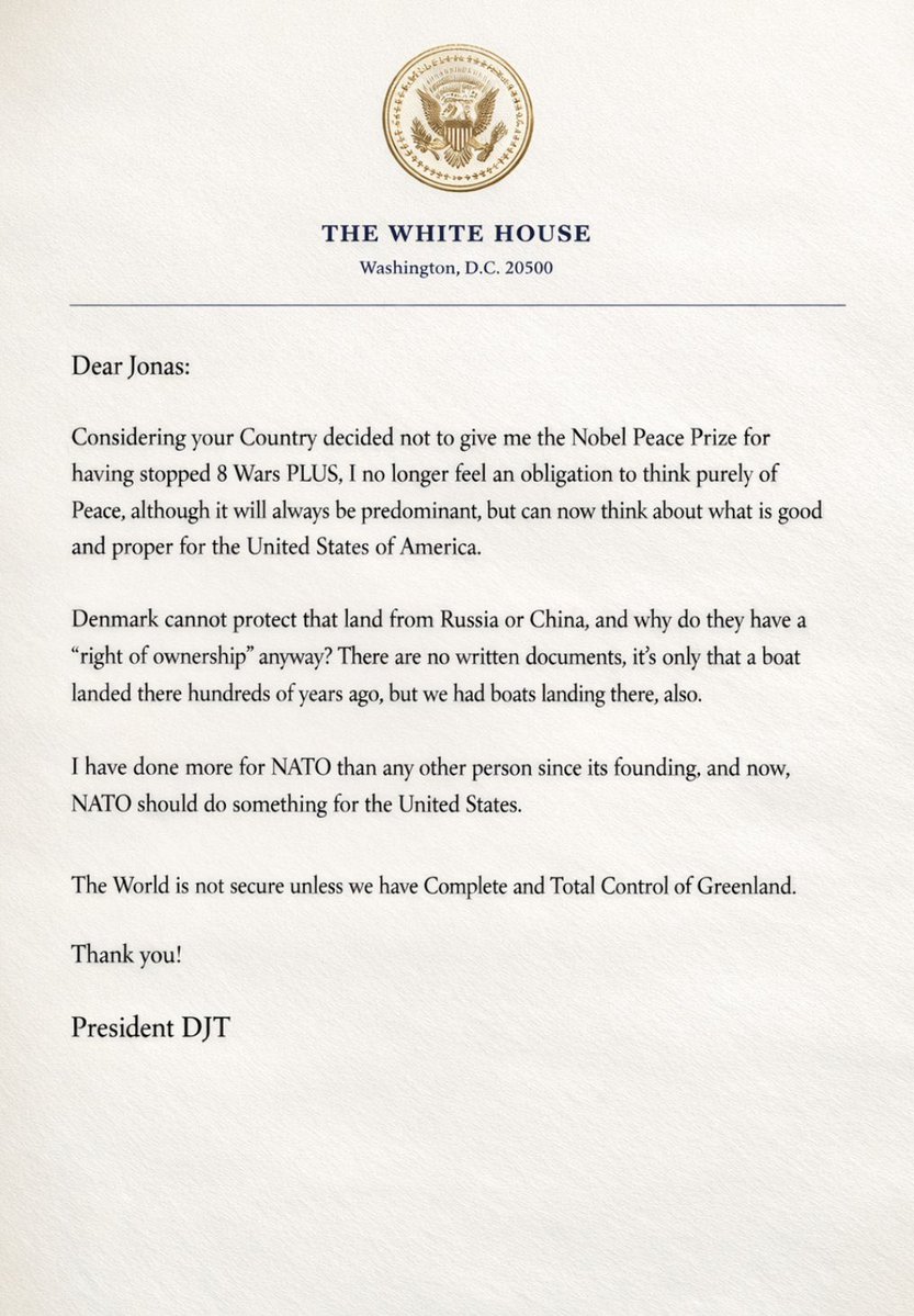 slantchev's tweet image. Folks, this is real. This is the actual letter that Trump sent to the PM of Norway. 

Trump is a narcissistic psychopath. But we already knew that. 

This letter shows that Trump is also insane.