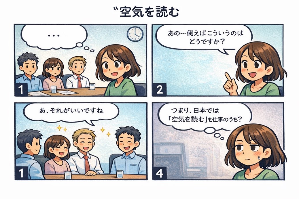 marathonlearner's tweet photo. 会議に流れる沈黙。
誰かが空気を読む。
そしてその「誰か」は、だいたい…あなた。

#WorkplaceCulture #Japan #OfficeLife #Relatable #Comic https://t.co/OOHwS7acQx
