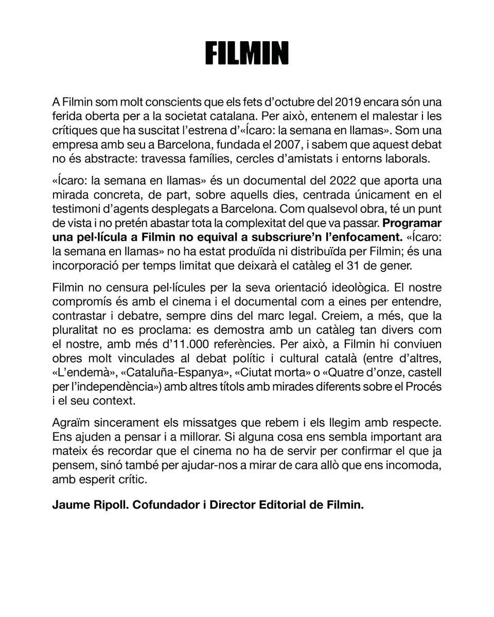 JaumeRV's tweet image. Disculpeu el silenci.

Entenc la sorpresa i la decepció d’alguns de vosaltres pel que fa a l’estrena d’“Ícaro”; permeteu-me compartir una reflexió al respecte.

Moltes gràcies a tots els qui ens ajudeu amb crítiques constructives. 

Tant de bo continuem molts anys junts en aquest…