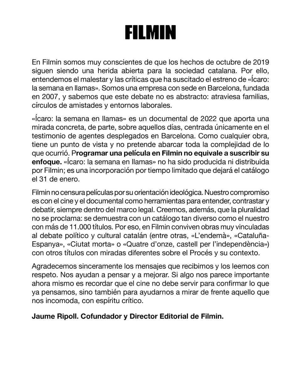 JaumeRV's tweet image. Disculpeu el silenci.

Entenc la sorpresa i la decepció d’alguns de vosaltres pel que fa a l’estrena d’“Ícaro”; permeteu-me compartir una reflexió al respecte.

Moltes gràcies a tots els qui ens ajudeu amb crítiques constructives. 

Tant de bo continuem molts anys junts en aquest…