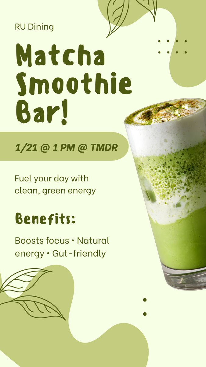 Rockhurstdining's tweet image. Come join us in the TMDR this Wednesday, the 21st at 1 pm for a Matcha Smoothie Bar!!🍵 🌱