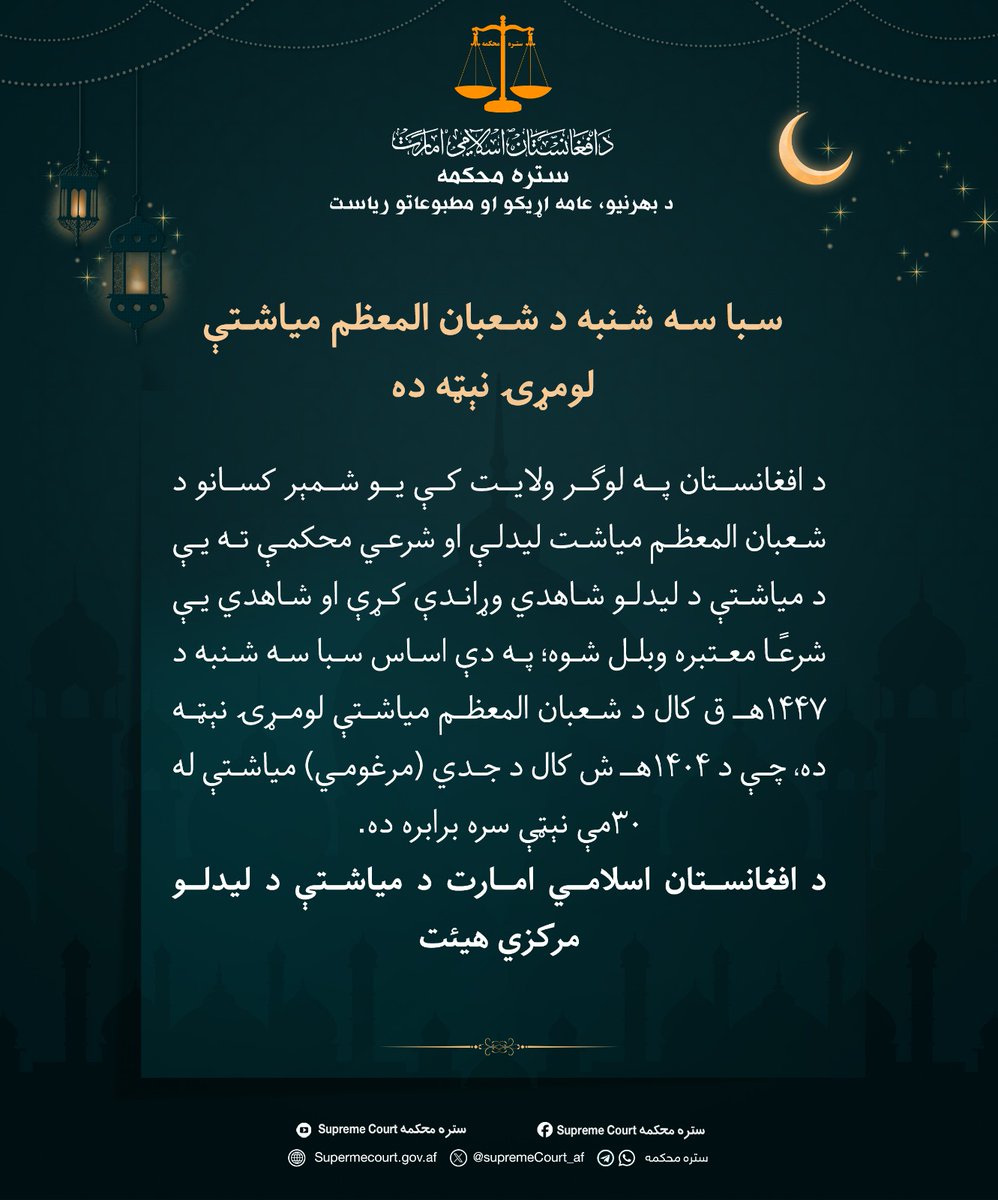 سبا سه شنبه د شعبان المعظم میاشتې لومړۍ نېټه ده