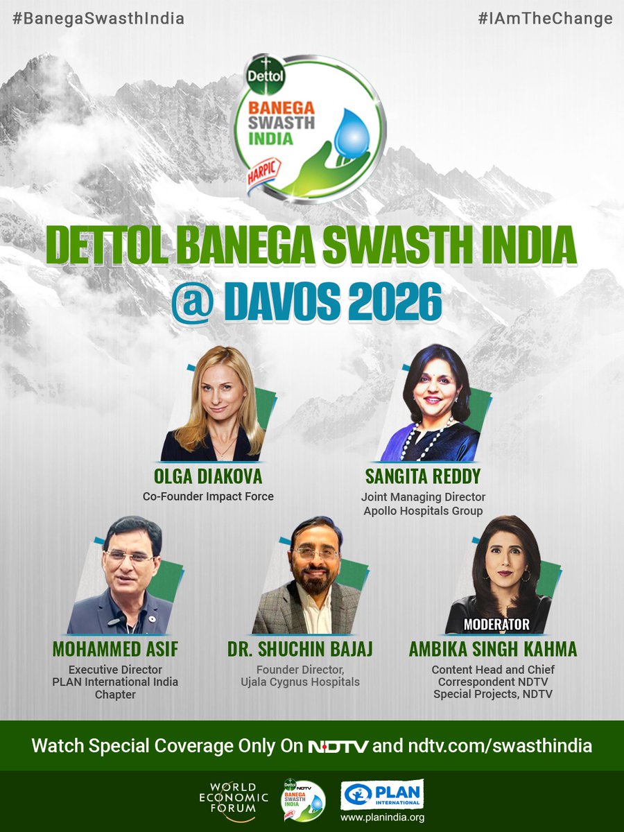 #BanegaSwasthInida | At #Davos2026, NDTV's health crusade Dettol Banega Swasth India steps onto the global stage! 

Join the panel: When Markets Meet Public Health: Community-Led Innovation for Children, where experts will discuss blending market forces with public health to