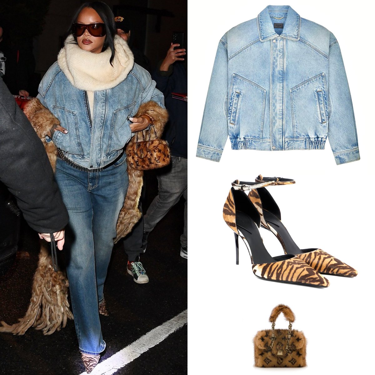 _Kyra's tweet image. Rihanna was spotted in NYC last night wearing Resort 2026 @YSL Sunglasses, a $2,800 @YSL Oversized “South Blue Denim” Jean Jacket and $1,850 ALAÏA Tiger Print Calf Hair Pumps. She carried a @LouisVuitton Fall 2004 $4,995 Limited Edition Monogram Mink Mini Papillon Bag.