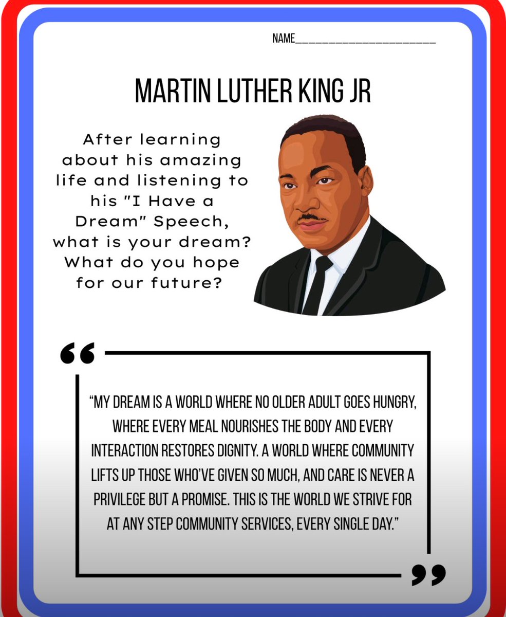 AnyStepCommunit's tweet photo. Poll: What's your dream or what do you hope for our future?

A. Everyone feeling seen and valued

B. Communities that lift each other up

C. Older adults living with dignity

D. Acts of kindness changing the world

#MLK #Ihaveadream #communityimpact #actsofkindness #olderadults https://t.co/3T9iPIPmLE