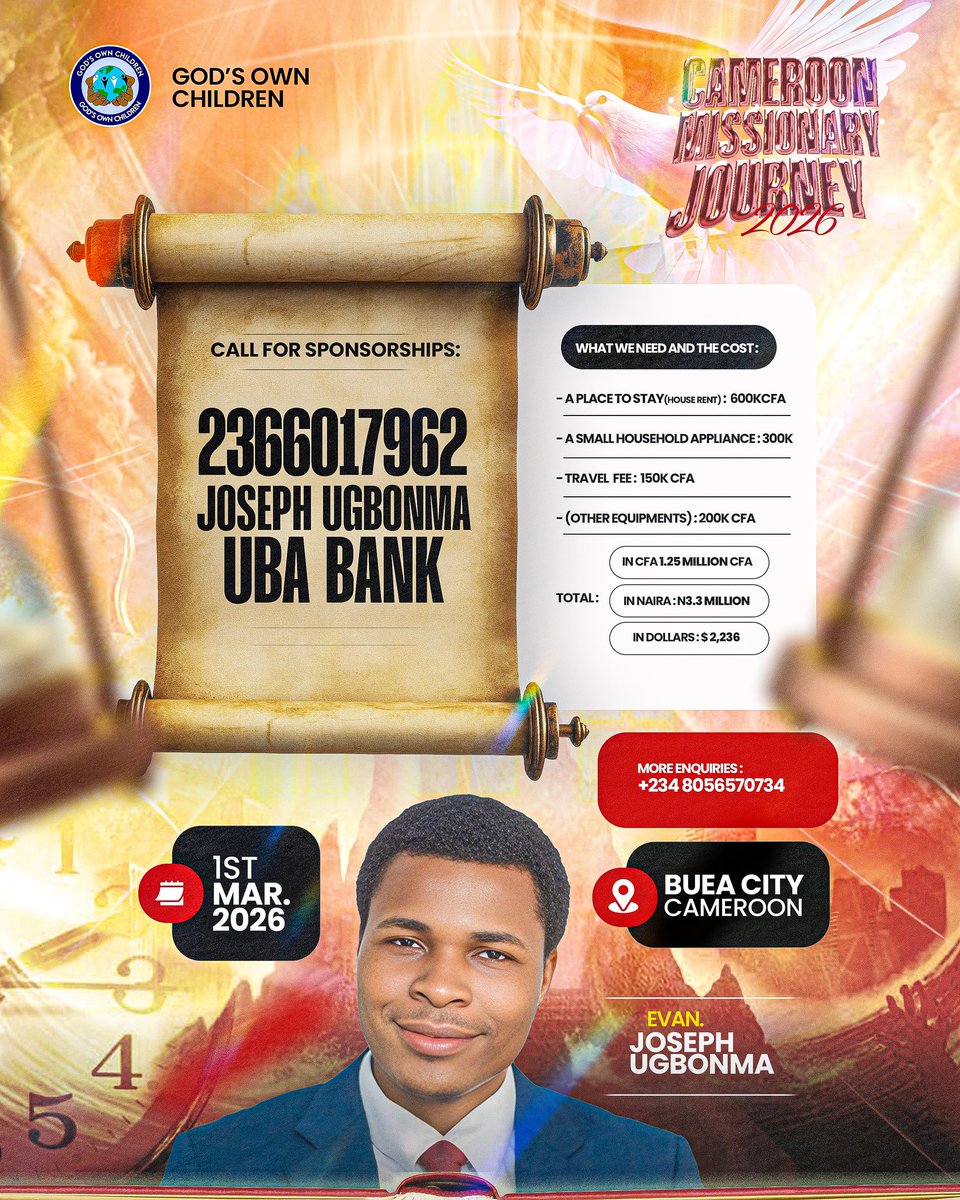JosephUgbonma's tweet photo. Cameroon Missionary Journey 2026.

Let's take the gospel to the streets of Cameroon.

Oh, Cameroon Jesus Saves.

We're Calling For Sponsorship.

#Evangelism #SoulWinning https://t.co/iPqjjVRZA1