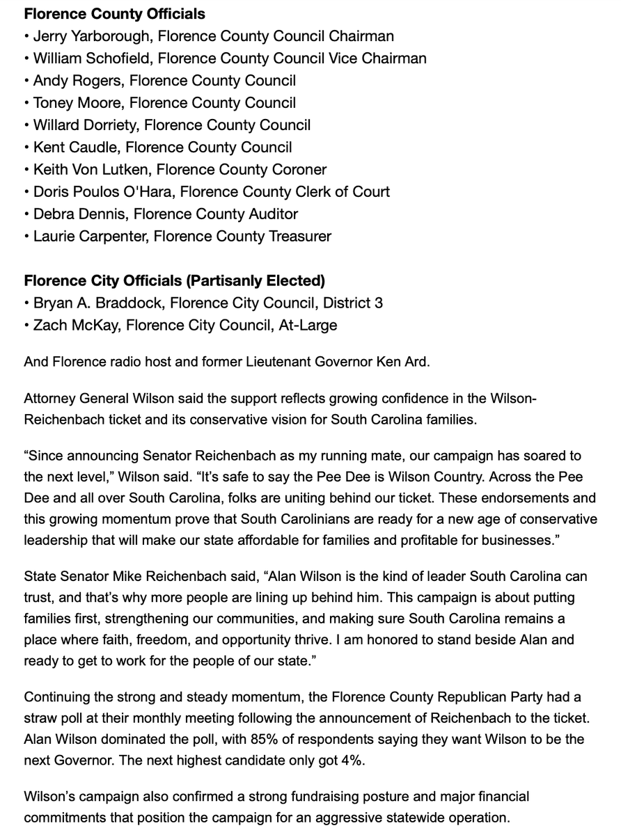 NEW: Every single Republican elected official in Florence County want <a href="/AGAlanWilson/">Alan Wilson</a> to be Governor⬇️