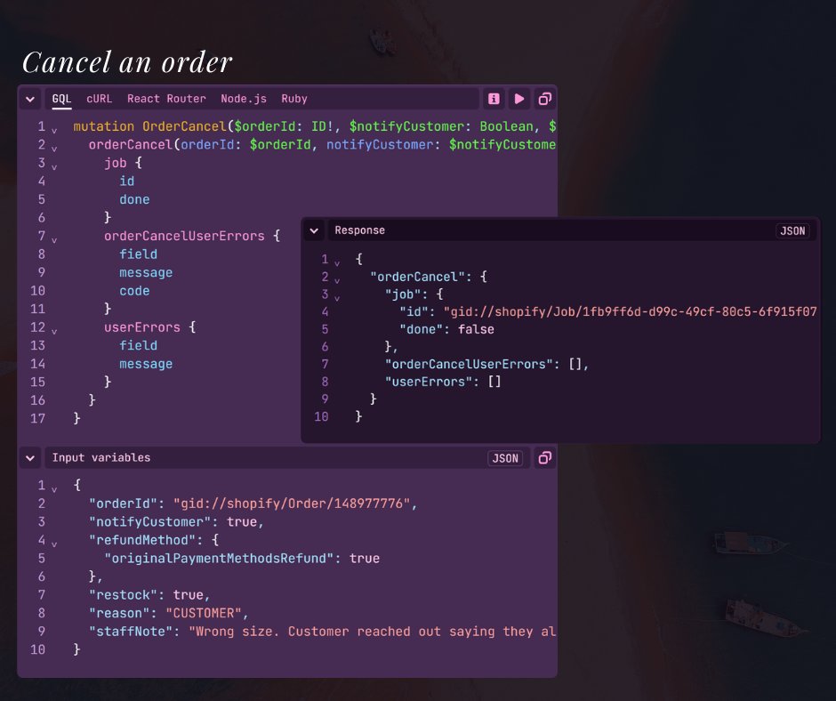 fayyazraza315's tweet photo. Cancel an Order Using Shopify GraphQL Admin API

#Shopify #GraphQL #ShopifyAdminAPI #OrderCancel #Refunds #InventoryRestock #EcommerceDevelopment #BackendDevelopment #APIDevelopment #ShopifyDev https://t.co/OASMhnrvYW