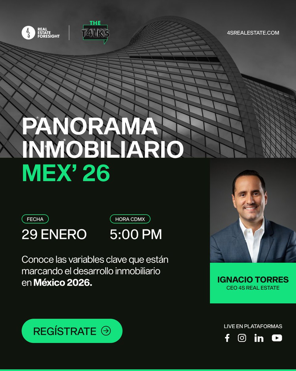 Anticipa el rumbo del mercado inmobiliario en México con la visión de 4S Real Estate, sumándote a <a href="/NachoTorres4S/">Nacho Torres 4S</a>, CEO de 4S Real Estate, donde compartirá los principales hallazgos del Panorama Inmobiliario México 2026

📅 29 enero
🕔 5:00 PM Hora CDMX
▶️ hubs.ly/Q03_h_x30