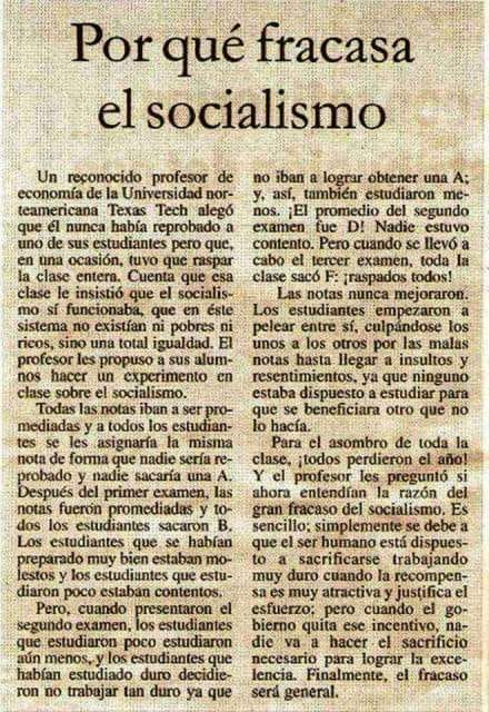 Una historia recreada y atribuida a miles de fuentes. Da igual si fue real o fantaseada. No le quita mérito a su esencia, a su verdad y al mensaje principal de que el socialismo siempre fracasa. 

Podría narrarse en la Universidad de Texas Tech, en la Universidad de La Habana, en