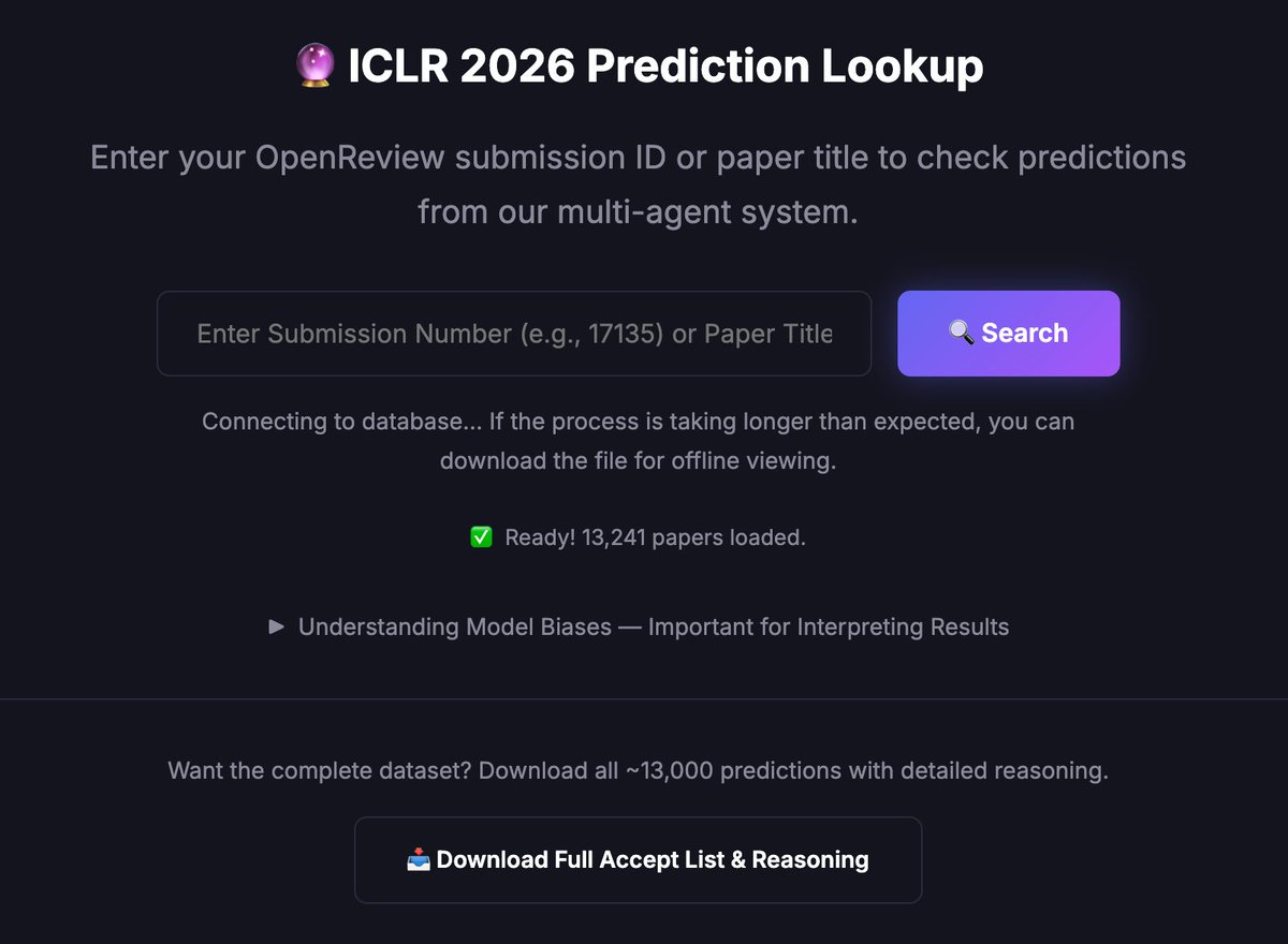 📢ICLR2026 Acceptance Prediction is out!

🚀Find the acceptance of your paper in advance (predicted): 
paperdecision.netlify.app

🛠️Code of Multi-Agent Framework and Benchmark is available:
github.com/PaperDecision/…

🎯Our goal is to understand the how and why behind paper decisions.