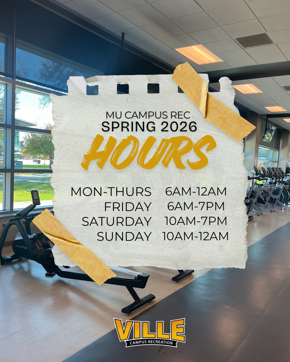 MUCampusRec's tweet photo. Welcome back! Listed above are our Spring 2026 hours. We can't wait to see you! 💛 💛 #mucampusrec https://t.co/MtYsIOHRyN