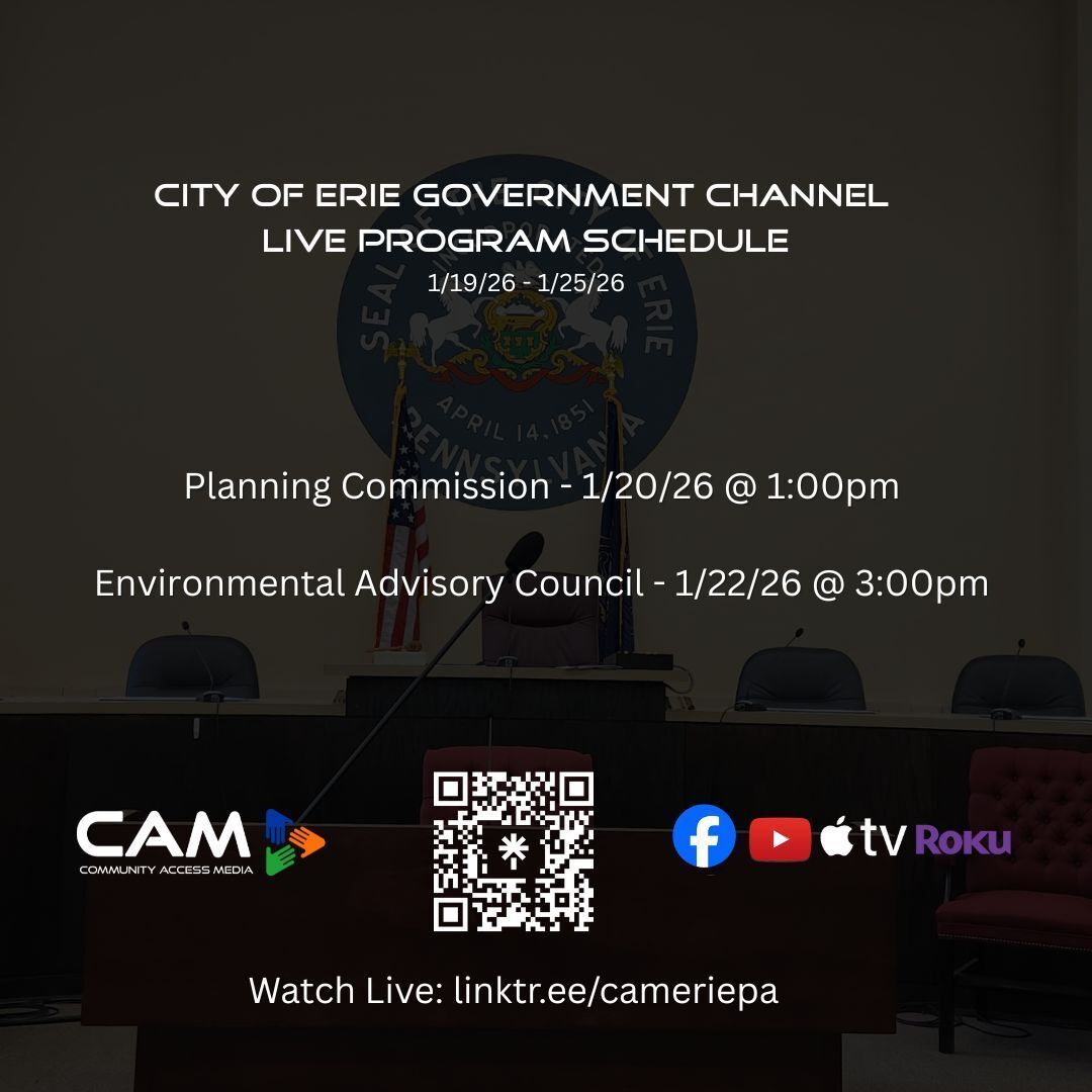 CAMEriePA's tweet photo. Our weekly live programming lineup for the week of 1.19.26 to 1.25.26. Explore our full schedule at https://t.co/XQauLV6KJ6. Catch the live broadcasts on Roku or Apple TV by installing our CAMEriePA app. #CAMERIEPA #LIVEPROGRAMMING #CITYOFERIE https://t.co/edyHlFiYrU