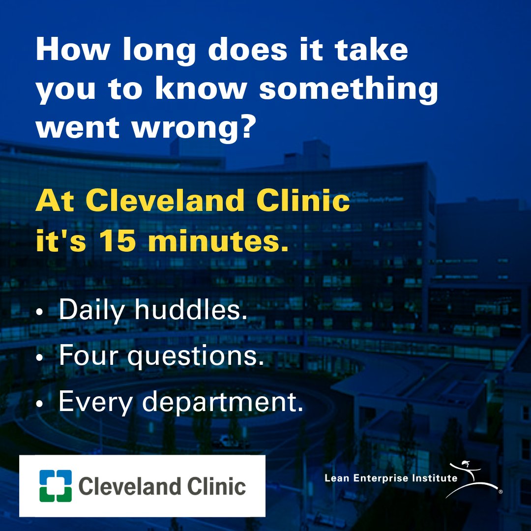 Quick question for healthcare leaders: How long does it take you to know something went wrong? 

A day? A week? A month?

At Cleveland Clinic, it's 15 minutes.

Read more about Cleveland Clinic's story: hubs.li/Q03_fzTf0

#LeanThinking #ClevelandClinic #Transformation