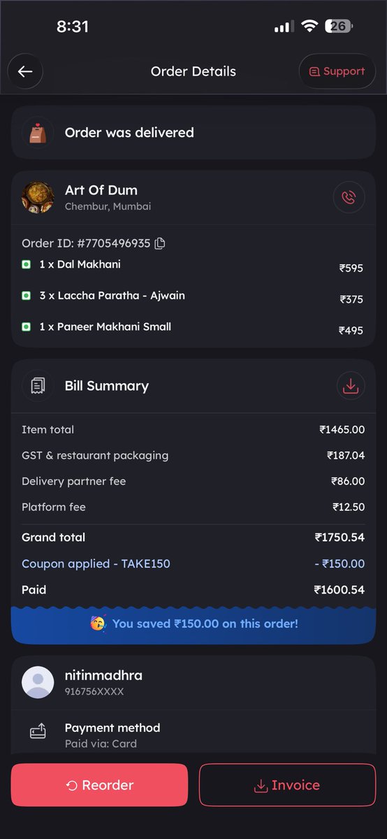 nitinmadhra's tweet photo. @zomatocare you have started scamming customers now. First food is spilled , second ordered dish is missing, third you give no option to discuss , one way scamming it seems. # order no 7705496935 https://t.co/AaobgBGv69