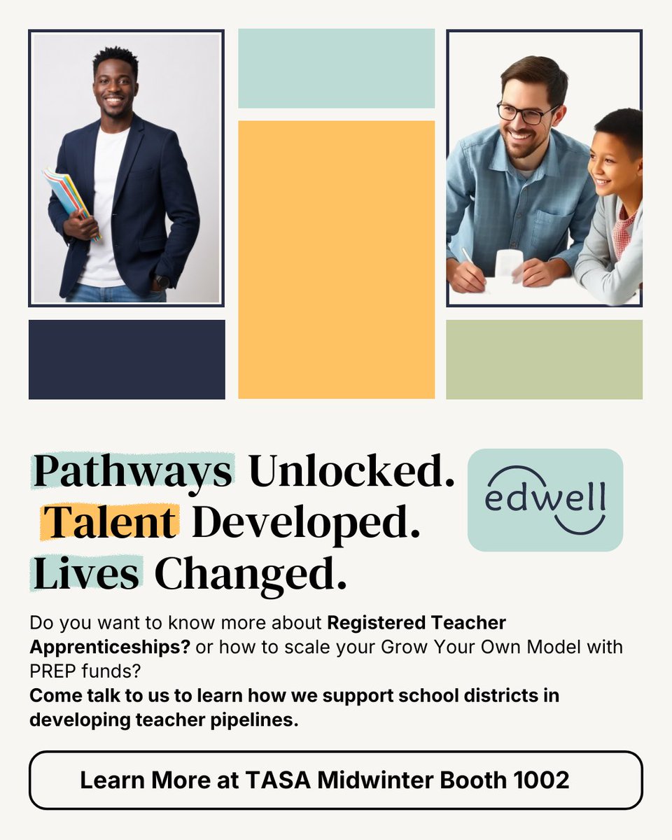 edwell576764's tweet photo. Pathways Unlocked. Talent Developed. Lives Changed.
Join us at TASA Midwinter (Jan 26–27 | San Antonio) to learn how your district can:
✨ Implement Registered Teacher Apprenticeships
✨ Scale a Grow Your Own model with PREP funding

📍 Visit us at Booth 1002. https://t.co/Apx1uLb5Gt