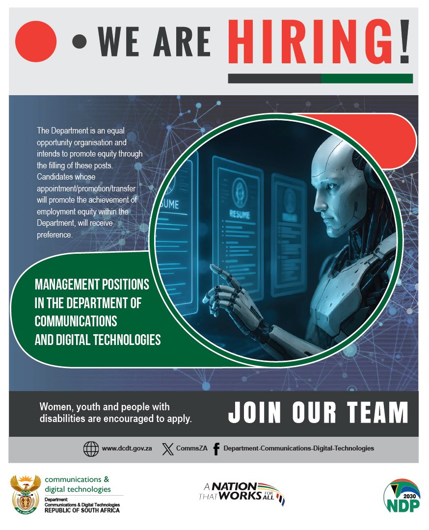 CommsZA's tweet image. The Department of Communications and Digital Technologies is recruiting for management positions.

If you’re ready to help shape South Africa’s digital future, apply today.
Women, youth and persons with disabilities are encouraged to apply.

dcdt.gov.za/vacancies.html