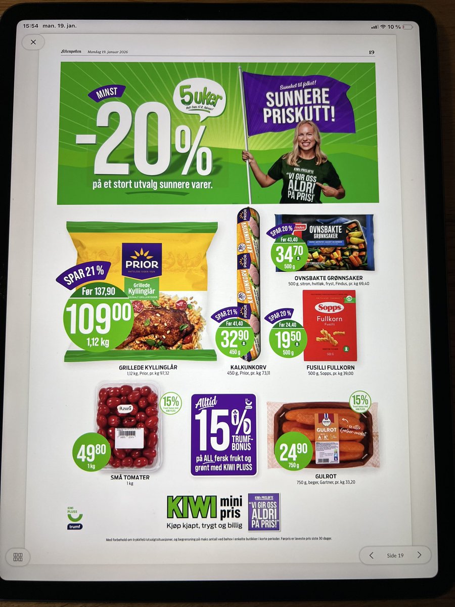 Det er i allefall ikke Kiwi sin skyld at vi spiser «usunt». Kunne på bildet se slik ut i Aftenposten i dag?!