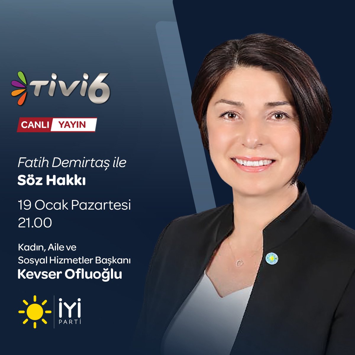 Kadın, Aile ve Sosyal Hizmetler Başkanımız Sayın Kevser Ofluoğlu <a href="/KevserOfluoglu/">Kevser Ofluoğlu</a>;

🗓 19 Ocak Pazartesi (bugün)
⏰ 21.00'de 
📺 TİVİ6'da 

Fatih Demirtaş ile #SözHakkı programına konuk oluyor.

Sizleri de ekran başına bekliyoruz.👍🏻