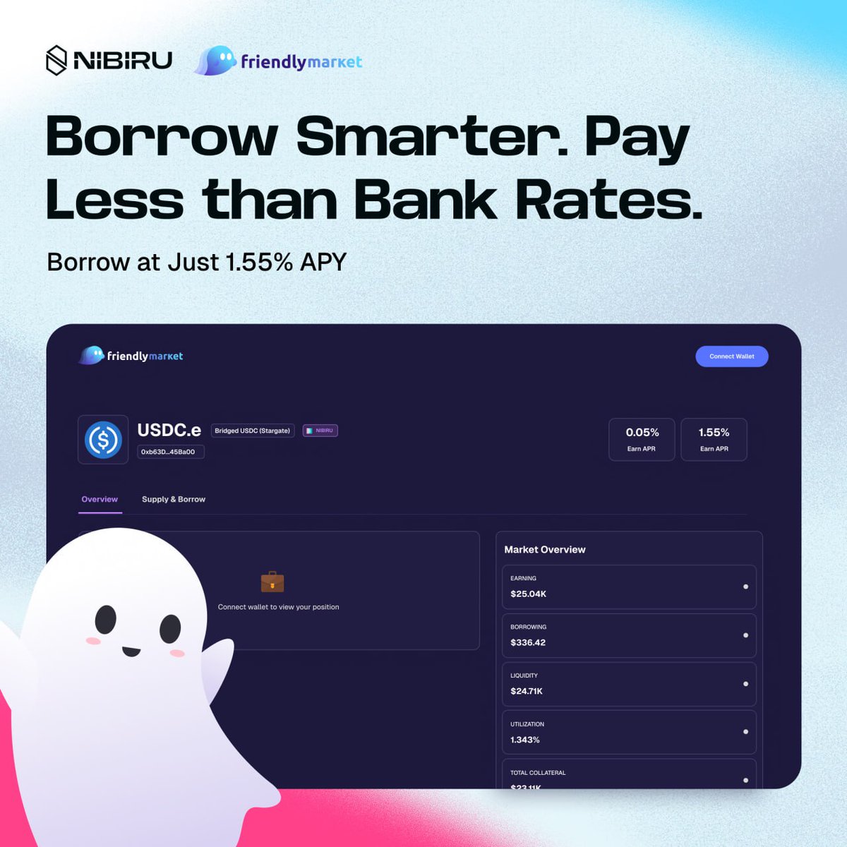 On Nibiru, <a href="/friendlymarkets/">Friendly Market</a> lets you borrow and lend assets like USDC, ETH, NIBI, and stNIBI without going through a bank. Imagine no paperwork, credit checks, and intermediaries. Access is online and immediate.

Rates are set by supply and demand rather than by banks, which