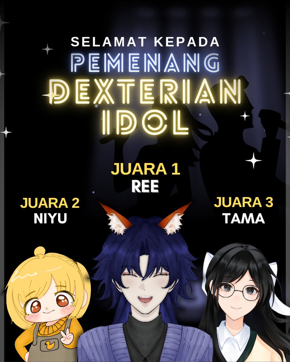 executivedexter's tweet image. Selamat kepada 3 pemenang Dexterian Idol 2026!!!✨

🥇 Juara 1: Ree @nihilismdazaii
🥈 Juara 2: Niyu @/niyu_umami (ig) 
🥉 Juara 3: Tama @Tama_ngya

Terima kasih ya buat semua Dexterian yang udah ikutan. Suara kalian bagus2 banget! Next time ikutan lagi yaa~ 🎼✨

#DexterEXE