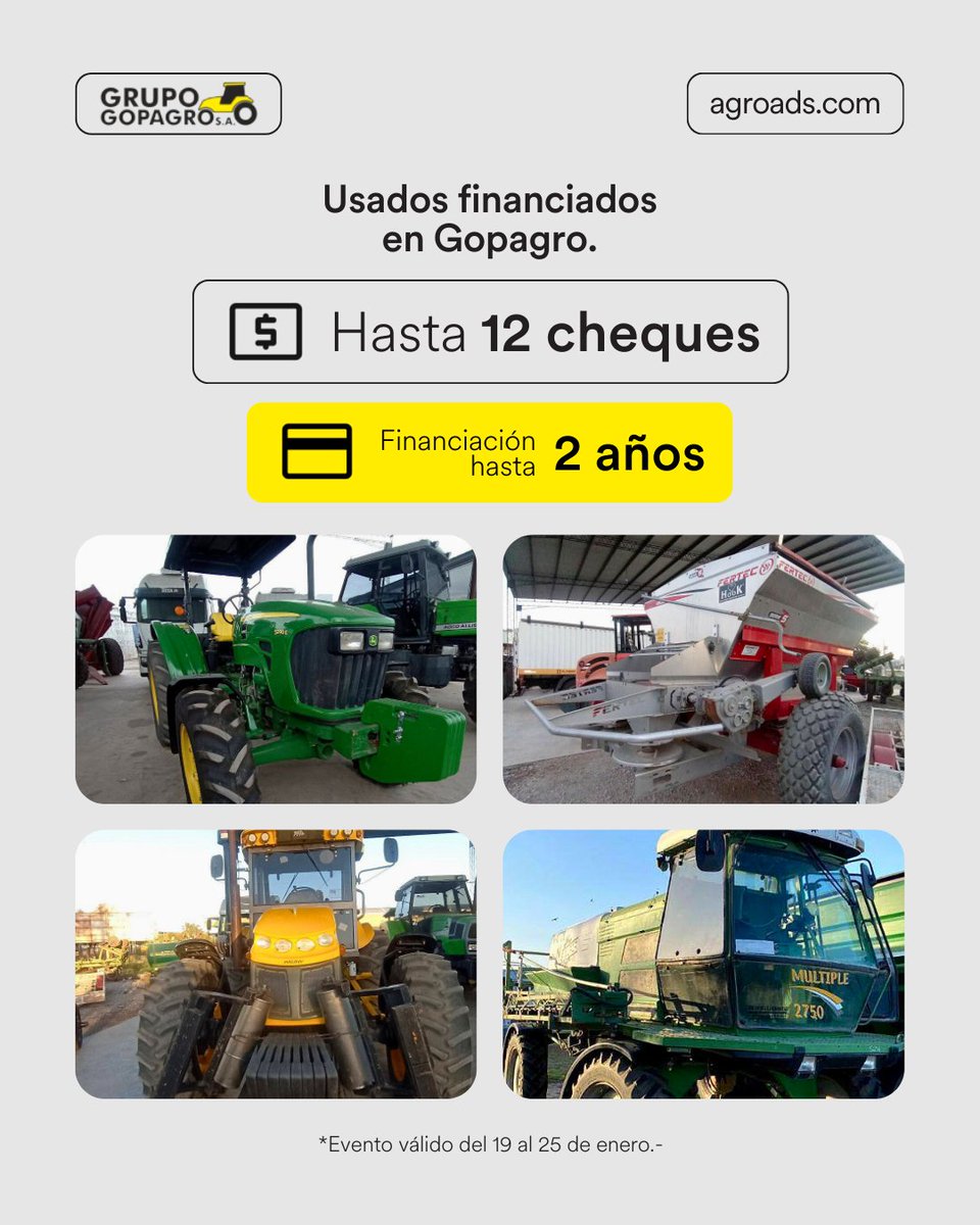 Agroads's tweet image. Pagá a tu ritmo: financiación hasta 2 años y hasta 12 cheques para renovar tu equipo sin frenar la campaña. 🔧🚜

Entrá a Usados financiados en Gopagro: bit.ly/4qnG9L6

#agroads #gopagro #usados #multirubro #financiacion #cheques #campo #agro