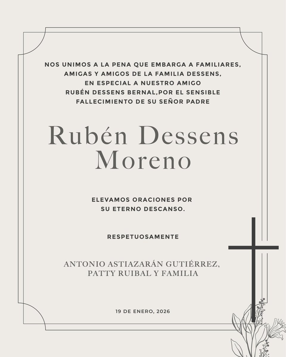 Con profundo respeto acompañamos solidariamente a familiares y seres queridos por el fallecimiento del Sr. Rubén Dessens Moreno.

Enviamos un abrazo a nuestro amigo Rubén Dessens Bernal y a su familia, deseándoles fortaleza y consuelo en este momento tan difícil.