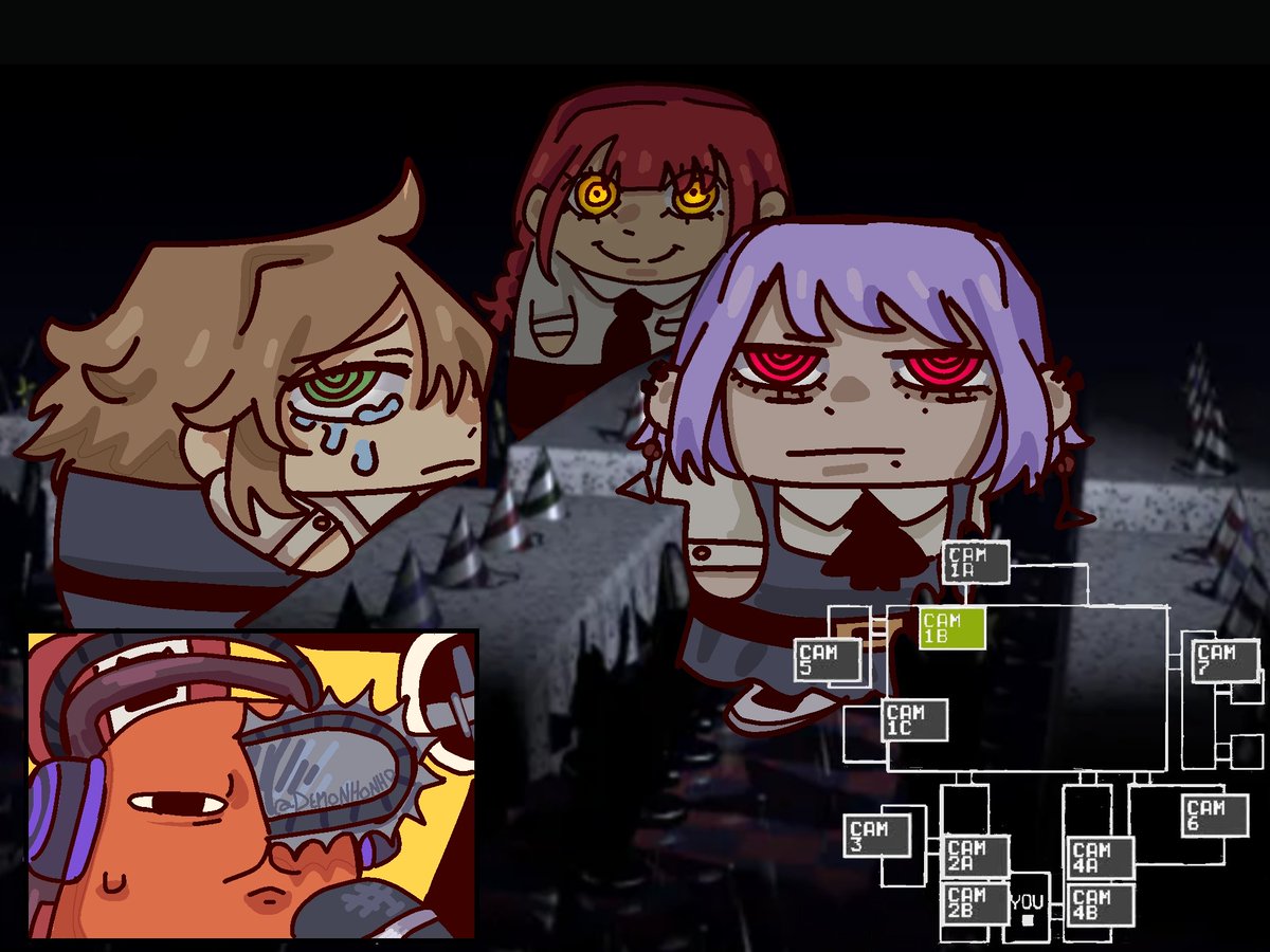 Demonhonho's tweet image. Five night's at makima's 
(Yoru is in Pirate Cove)
#fami #makima #LilD #pochita